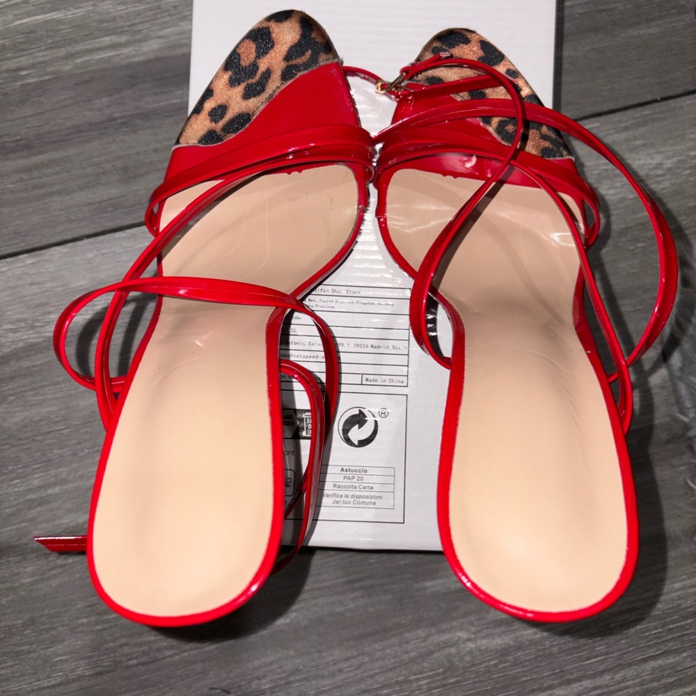 Red Strappy Women's Shoes with Leopard Print